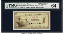 French Indochina Banque de l'Indo-Chine 1 Piastre ND (1945-51) Pick 76s Specimen PMG Choice Uncirculated 64. Red Specimen overprint and two POCs prese...