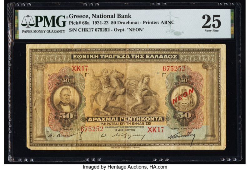 Greece National Bank of Greece 50 Drachmai 1922 Pick 66a PMG Very Fine 25. Corne...