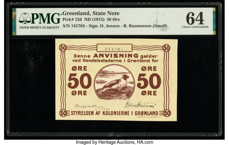 Greenland State Note 50 Ore ND (1913) Pick 12d PMG Choice Uncirculated 64. Previ...