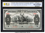 Guatemala Banco Americano de Guatemala 5 Pesos ND (1897-1920) Pick S112s Specimen PCGS Banknote Choice UNC 63 PPQ. Red Specimen overprints and three P...