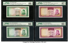 Iran Bank Melli 50 (2); 100 (2) Rials ND (1954); (1964); (1963); (1965) Pick 66; 76; 77; 80 Four Examples PMG Gem Uncirculated 66 EPQ (2); Superb Gem ...