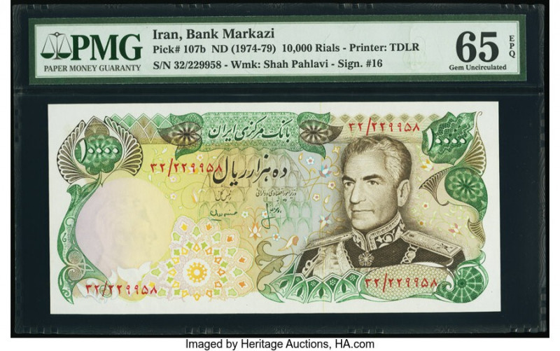 Iran Bank Markazi 10,000 Rials ND (1974-79) Pick 107b PMG Gem Uncirculated 65 EP...