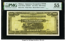 Malaya Japanese Government 1000 Dollars ND (1945) Pick M10a KNB10b PMG About Uncirculated 55. A minor stain is noted on this example. 

HID09801242017...