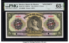 Mexico Banco de Mexico 5 Pesos ND (1925-34) Pick 21s Specimen PMG Gem Uncirculated 65 EPQ. Red Specimen overprints and two POCs are present on this ex...