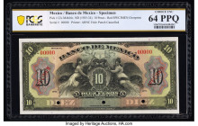 Mexico Banco de Mexico 10 Pesos ND (1925-34) Pick 22s Specimen PCGS Banknote Choice UNC 64 PPQ. Red Specimen overprints and three POCs are present on ...