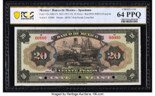 Mexico Banco de Mexico 20 Pesos ND (1925-34) Pick 23s Specimen PCGS Banknote Choice UNC 64 PPQ. Red Specimen overprints and three POCs are present on ...