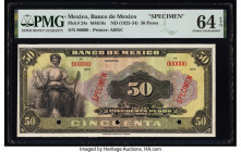 Mexico Banco de Mexico 50 Pesos ND (1925-34) Pick 24s Specimen PMG Choice Uncirculated 64 EPQ. Red Specimen overprints and three POCs are present on t...