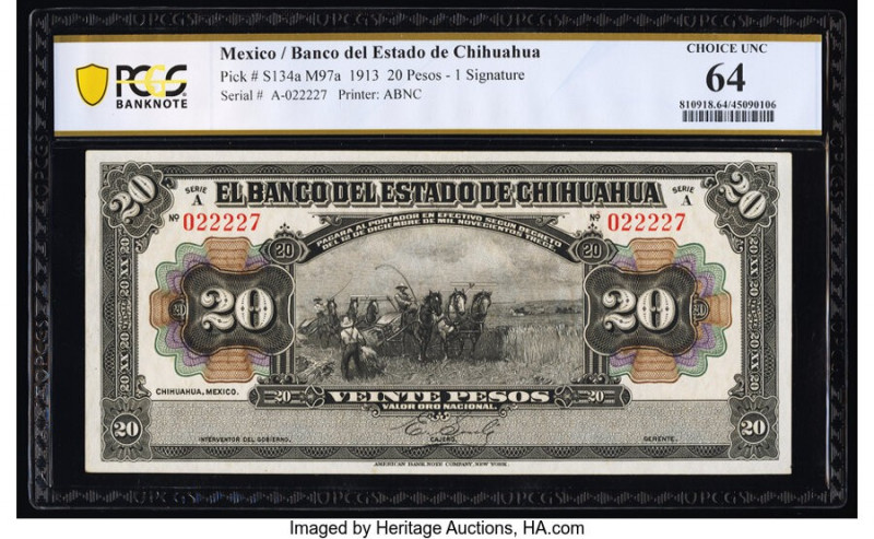 Mexico Banco del Estado de Chihuahua 20 Pesos 1913 Pick S134a M97a PCGS Banknote...