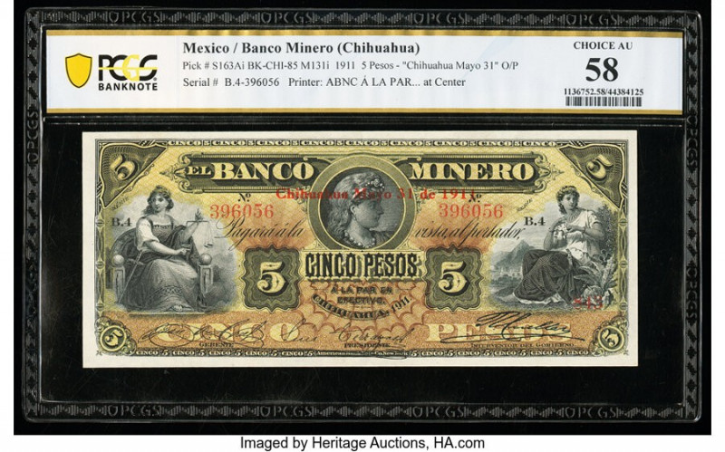 Mexico Banco Minero 5 Pesos 31.5.1911 Pick S163Ai M131i PCGS Banknote Choice AU ...