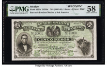 Mexico Banco de Londres Mexico 5 Pesos ND (1887-89) Pick S224s Specimen PMG Choice About Unc 58. A perorated punch is present on this example. 

HID09...