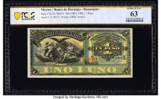 Mexico Banco de Durango 1 Peso ND (1891-1901) Pick S272r Remainder PCGS Banknote Choice UNC 63. A minor stain is noted on this example. 

HID098012420...