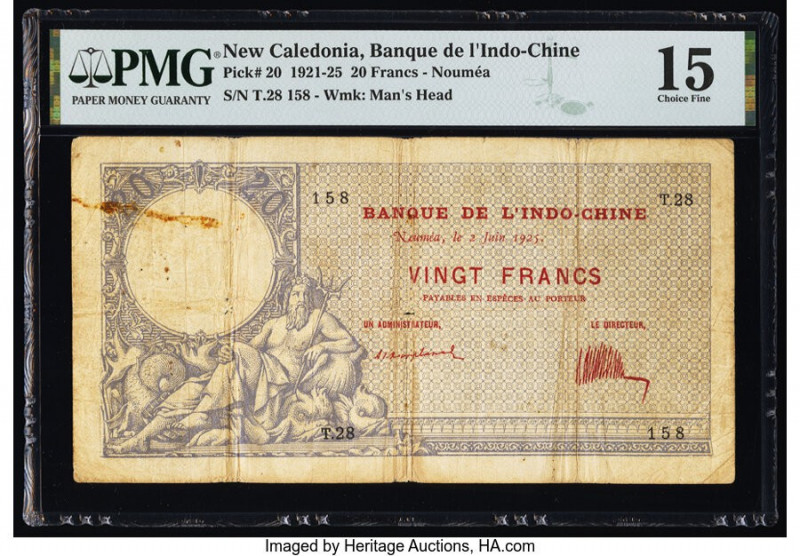 New Caledonia Banque de l'Indochine, Noumea 20 Francs 2.6.1925 Pick 20 PMG Choic...