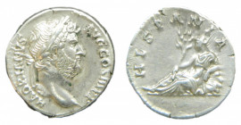 ROMAN EMPIRE - Adriano (117-138 dC). Denario. 3,7 g. AR. a/ HADRIANVS AVG COS III P P. Cabeza laureada a d. r/ HISPANIA. Hispania acostada, sosteniend...