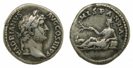 ROMAN EMPIRE - Adriano (117-138 dC). Denario. 3,2 g. AR. a/ HADRIANVS AVG COS III P P. Cabeza laureada a d. r/ HISPANIA. Hispania acostada, sosteniend...