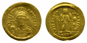 BYZANTINE EMPIRE - Justiniano I (527-565). Sólido. Constantinopla. 4,3 g. AV. a/ D N IVSTINIANVS P P AVG. r/ VICTORIA AVGGG B. e/ CONOB.
bc+