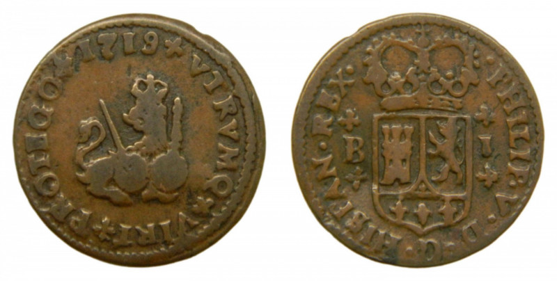 Felipe V (1700-1746). Maravedí. 1719/8. Barcelona. AC 43.
bc+