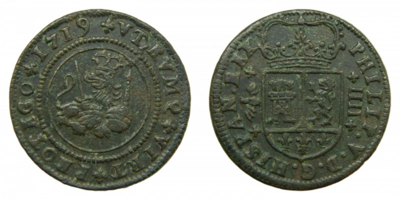 Felipe V (1700-1746). 4 maravedís 1719. Valencia. AC 99.
mbc+