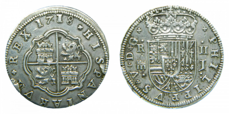 Felipe V (1700-1746). 2 reales 1718 J. Segovia. AC 945 var. Falta una flor al la...