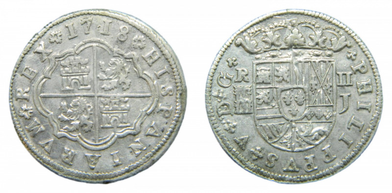 Felipe V (1700-1746). 2 reales 1718 J. Segovia. AC 947. Flores diferentes en rev...