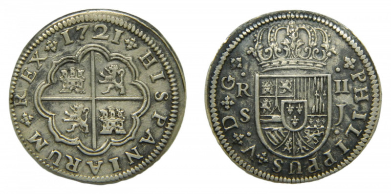 Felipe V (1700-1746). 2 reales 1721 J. Sevilla. AC 979.
mbc