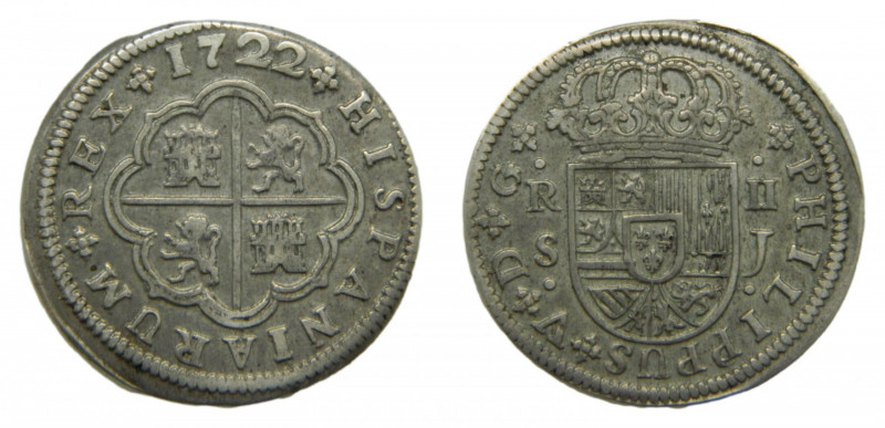 Felipe V (1700-1746). 2 reales 1722 J. Sevilla. AC 980.
mbc