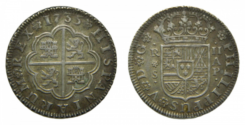 Felipe V (1700-1746). 2 reales 1735 AP. Sevilla. AC 992. Rara.
mbc+