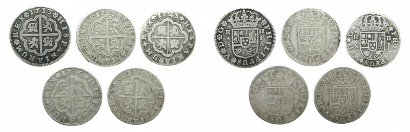 LOTS - Felipe V (1700-1746). LOTE 5 piezas 2 reales 1725 J, 1729 sin, 1730 sin, ...