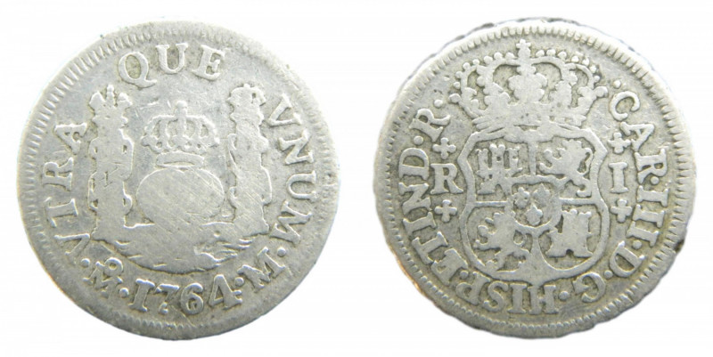 Carlos III (1759-1788). 1 real 1764 M 6 sobre 5. México. AC 414 var. Rarísima. G...