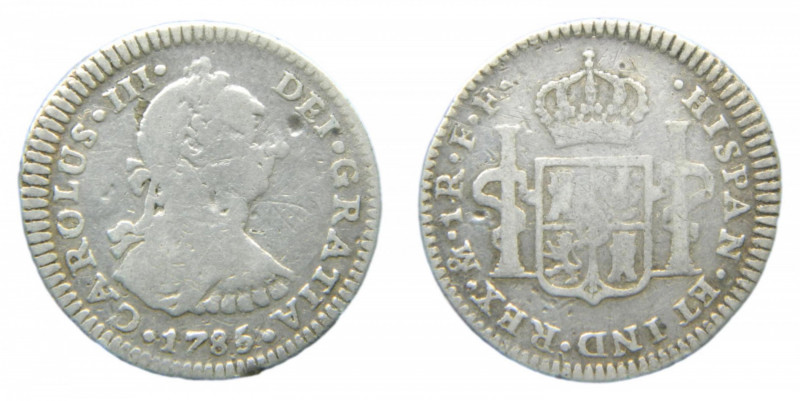 Carlos III (1759-1788). 1 real 1785 FF. México. AC 440. Muy rara.
bc