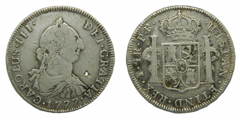 Carlos III (1759-1788). 4 reales 1777 PR. Potosí. AC 935. Intento de perforación...