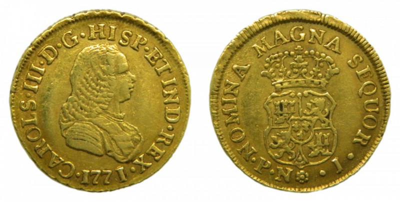 Carlos III (1759-1788). 2 escudos 1771/0 J. Popayán. AC 1625. AU.
mbc