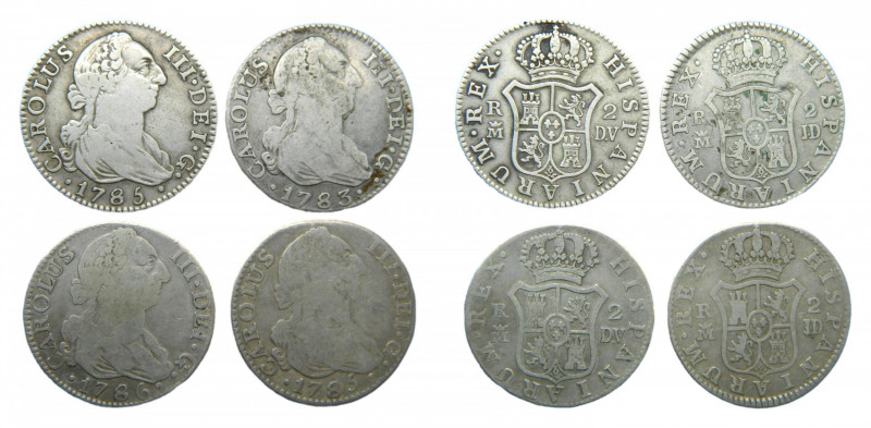 LOTS - Carlos III (1759-1788). LOTE 4 piezas 2 reales.1783 JD, 1785 JD, 1785 DV ...