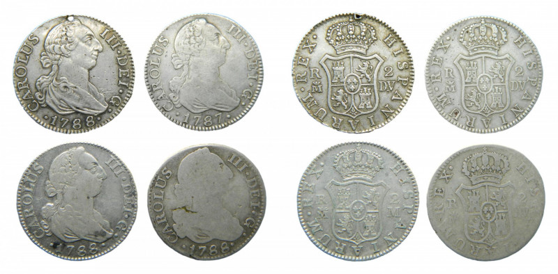 LOTS - Carlos III (1759-1788). LOTE 4 piezas 2 reales. 1787 DV, 1788 DV, 1788 DV...