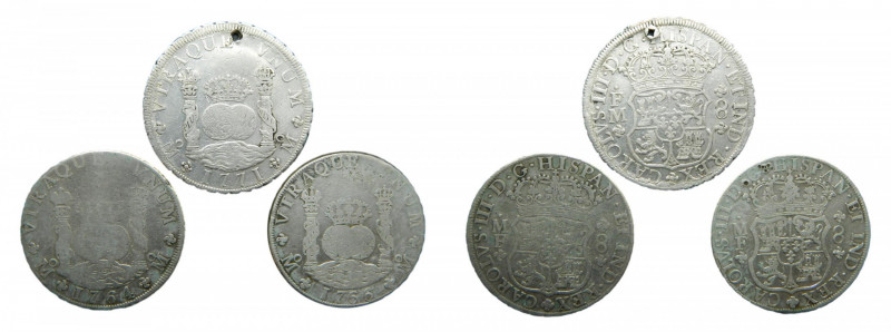 LOTS - Carlos III (1759-1788). LOTE 3 piezas de 8 Reales 1764 MF, 1766 MF, 1771 ...