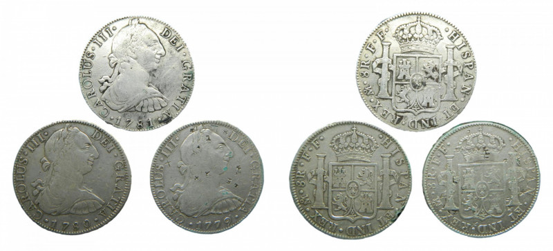 LOTS - Carlos III (1759-1788). LOTE 3 piezas 8 Reales 1779, 1780 y 1781 FF. Méxi...