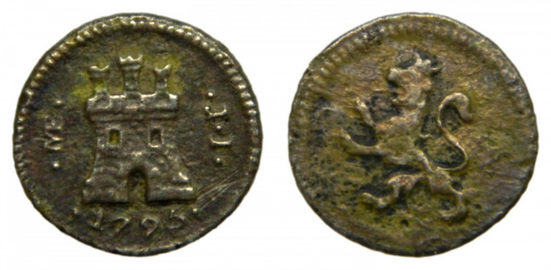 Carlos IV (1788-1808). 1/4 real 1795 JI. Lima. AC 105. Muy rara. Oxido en anvers...