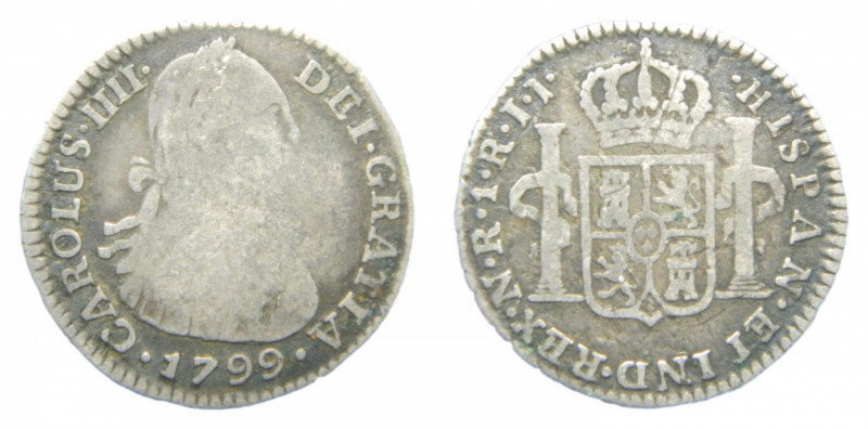 Carlos IV (1788-1808). 1 real 1799 JJ. Nuevo Reino. AC 495. Muy rara.
bc