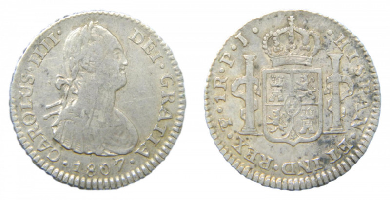 Carlos IV (1788-1808). 1 real 1807 PJ. Potosí. AC 482. Escasa.
mbc