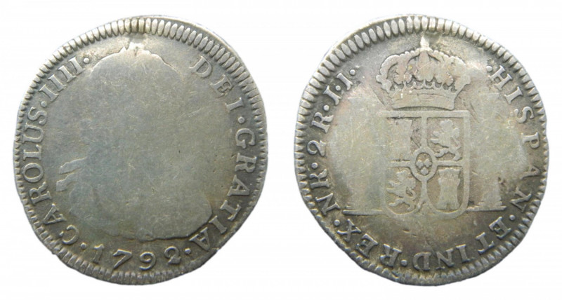 Carlos IV (1788-1808). 2 Reales 1792 JJ. Nuevo Reino. AC 678. Muy Rara.
bc