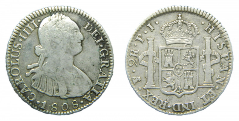 Carlos IV (1788-1808). 2 Reales 1808 PJ. Potosí. AC 677.
mbc