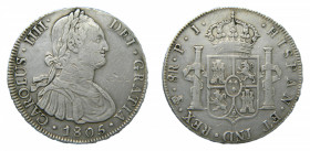 Carlos IV (1788-1808). 8 Reales 1805 PJ. Potosí. AC 1010. Rayitas en reverso.
mbc