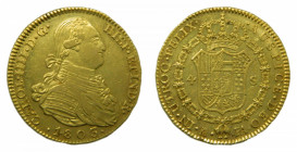 Carlos IV (1788-1808). 4 escudos 1803 FA. Madrid. AC 1482. AU. Marquitas en reverso.
ebc