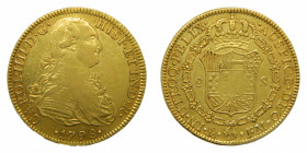 Carlos IV (1788-1808). 8 escudos 1798 FM Mexico. AC 1639. 27 gr AU. Leve rayitas en cruz cerca de la fecha
mbc