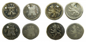 LOTS - Carlos IV (1788-1808). LOTE 4 piezas 1/4 reales. 1799, 1802, 1808 Potosí y 1808 Nuevo Reino. AC 147, 152, 158 y 180. Todas con agujeros menos 1...