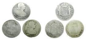 LOTS - Carlos IV (1788-1808). LOTE 3 piezas 2 Reales. 1806, 1807 y 1808 M. Guatemala. AC 565, 566. 1808 Falsa de época. Agujero tapado.
bc