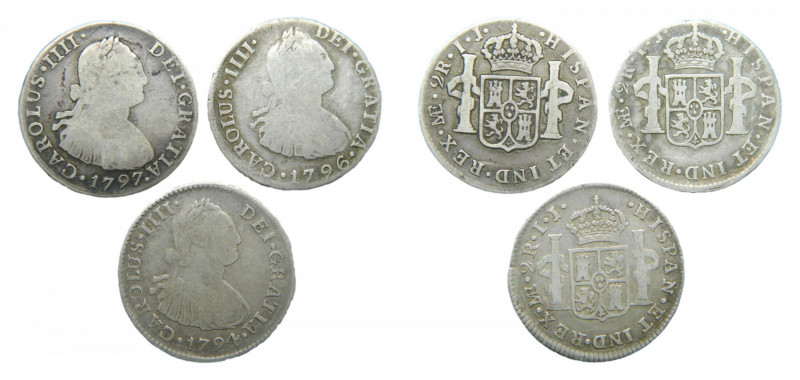 LOTS - Carlos IV (1788-1808). LOTE 3 piezas 2 Reales. 1794, 1796 y 1797 IJ. Lima...