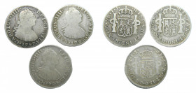 LOTS - Carlos IV (1788-1808). LOTE 3 piezas 2 Reales. 1794, 1796 y 1797 IJ. Lima. AC 577, 579 y 580.
bc