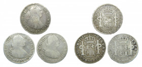 LOTS - Carlos IV (1788-1808). LOTE 3 piezas 2 Reales. 1799, 1800 y 1801 IJ. Lima. AC 582, 583 y 584.
bc