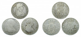 LOTS - Carlos IV (1788-1808). LOTE 3 piezas 2 Reales. 1792, 1793 y 1794 MF. Madrid. AC 599, 600 y 601.
bc+