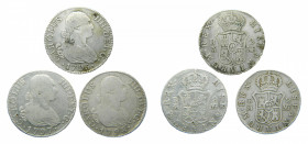 LOTS - Carlos IV (1788-1808). LOTE 3 piezas 2 Reales. 1795, 1797 y 1798 MF. Madrid. AC 603, 605 y 606.
bc+